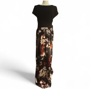 SLNY Black contrast Cap Sleeve top With Floral Print Maxi evening dress. 18W